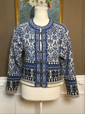 Windfjord Norway XS 100% Wool Nordic Fair Isle Lined Clasp Sweater Jacket
